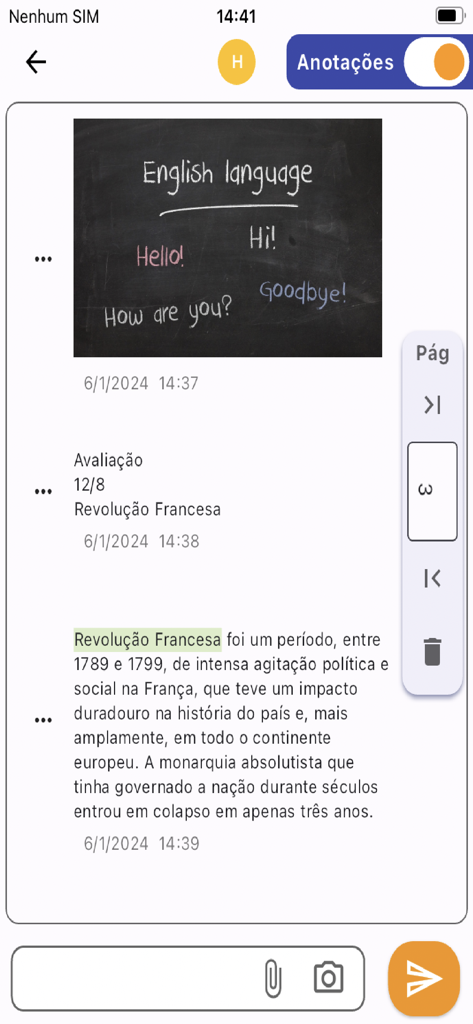 Interface de l'application Bloc-notes par matière montrant une leçon d'histoire avec du texte et une image d'un tableau noir de langue anglaise.