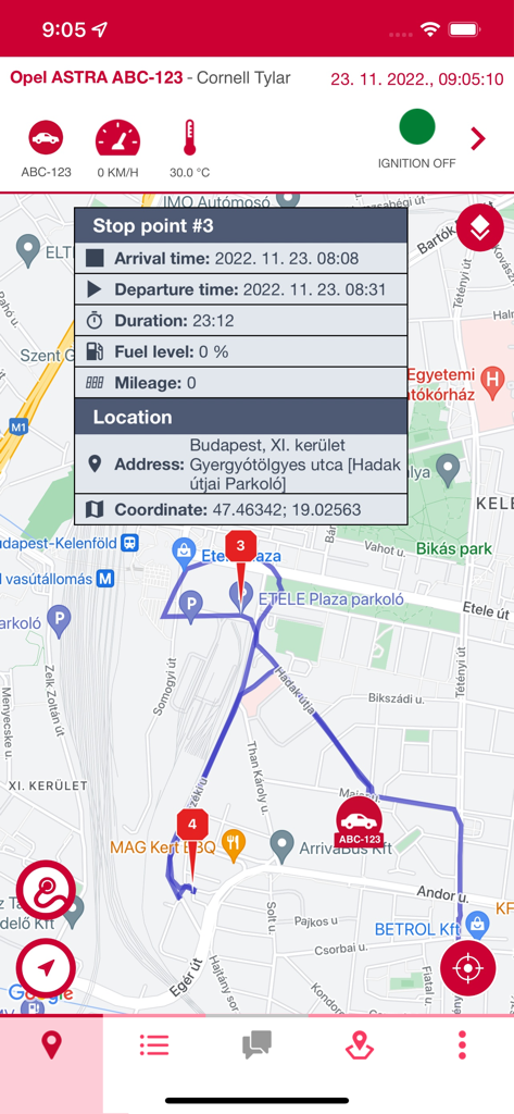 easyTRACK - The easyTRACK mobile interface displaying a vehicle route on a map with detailed stop point information and telemetry data