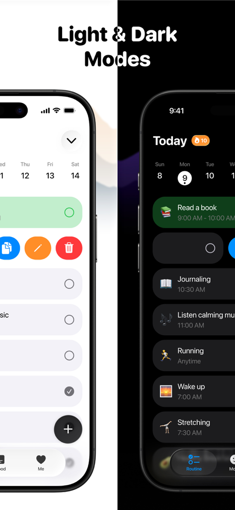 Daijobu – Daily Habit Tracker - Comparison of Daijobu habit tracker interface in light and dark modes showing daily routines and tasks