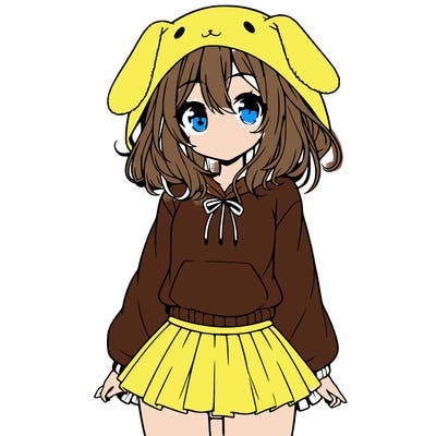 pretty anime girl wearing a fluffy hoodie with bunny ears on the hood and a skirt