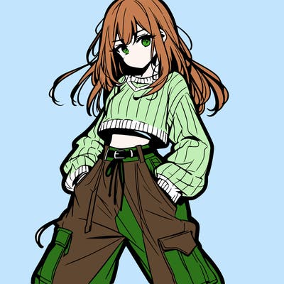 anime teen girl with baggy pants and crop top with sweater