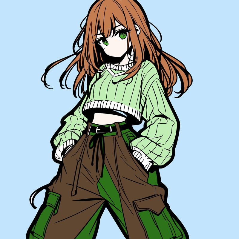 anime teen girl with baggy pants and crop top with sweater