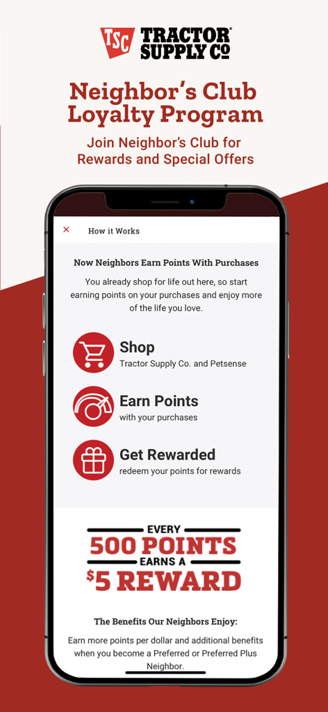 Mobile app screen for Tractor Supply Co showcasing the Neighbors Club loyalty program details with shop earn and get rewarded steps