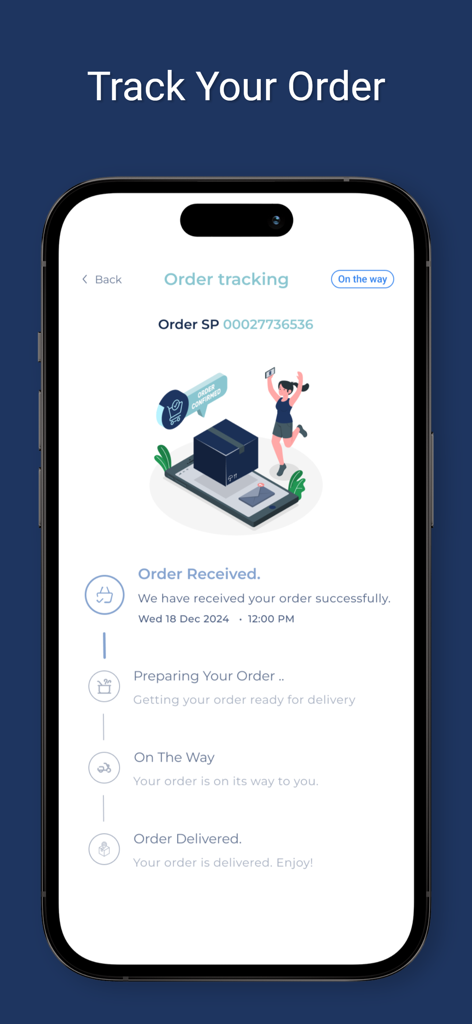 Fish App screen showing the real-time order tracking timeline for fresh seafood delivery.
