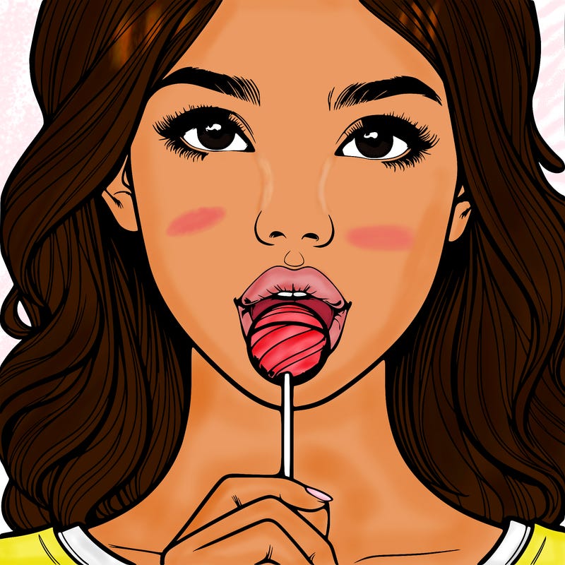 a realistic girl with a lollipop in her mouth