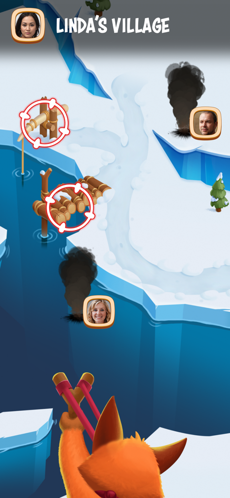 A fox character using a slingshot to attack a friend village in Tiles of Fortune