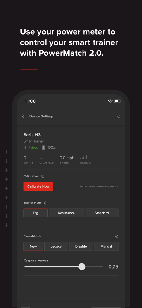 TrainerRoad - TrainerRoad app screen showing device settings for a smart trainer with PowerMatch configuration and calibration options.