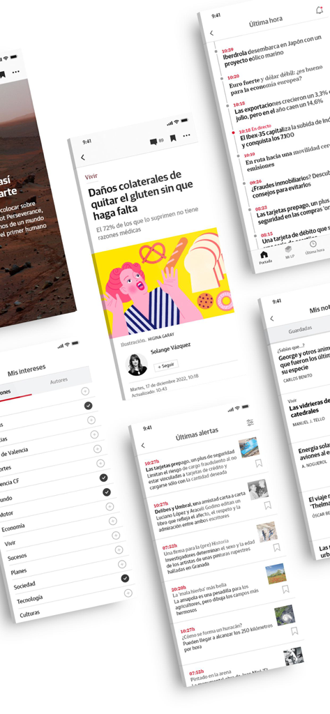 Capturas de pantalla de la aplicación móvil Las Provincias mostrando alertas de última hora y contenido personalizado en dispositivos móviles