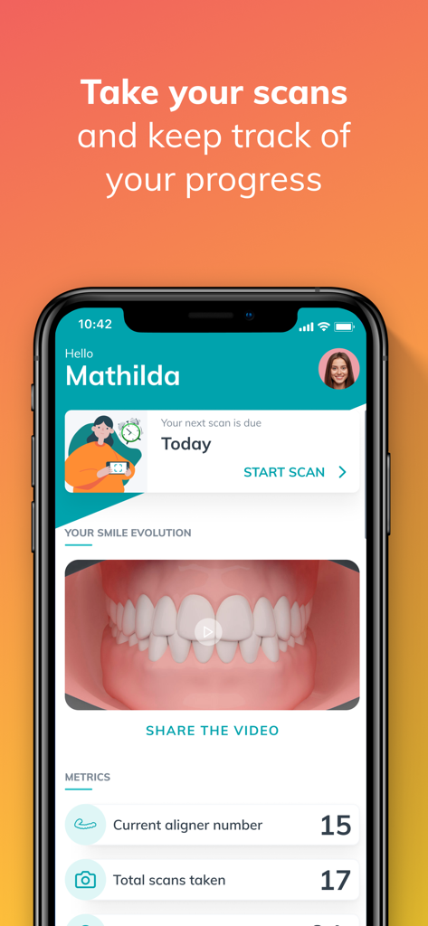 A smartphone screen displaying the DentalMonitoring app dashboard with scan reminders and orthodontic progress metrics