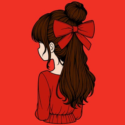 realistic girl  with hip length hair a bun and a big bow on the back of head