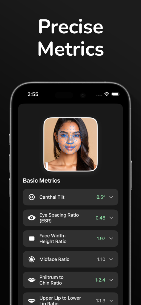 Facemetrics AI - Face Analysis - Facemetrics AIアプリのインターフェース。女性のポートレートに正確な顔の指標とAIマッピングポイントを表示しています。