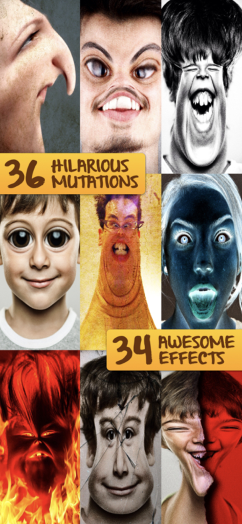 LOL Boothアプリの面白い変形と素晴らしい特殊効果の例を示す、面白く歪んだ顔のグリッド。