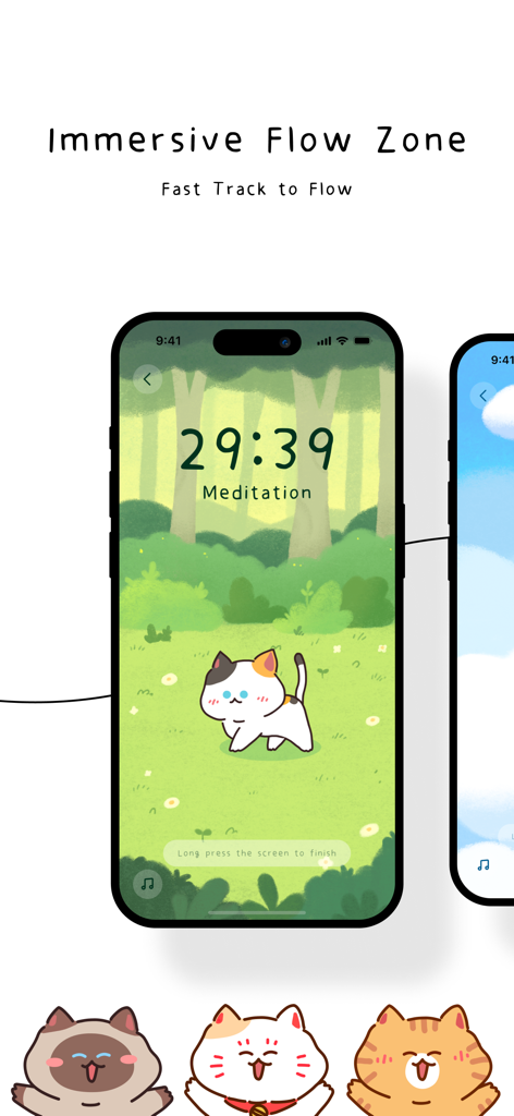 Cat Flow - Kitty Focus Timer - Smartphone screen showing a cute cat in a forest with a focus timer for meditation.