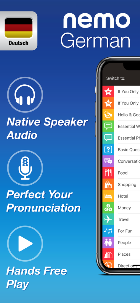 German by Nemo - Nemo German app interface highlighting native speaker audio pronunciation studio and phrase categories for travelers
