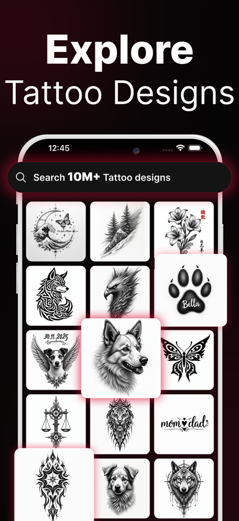 AI Tattoo Generator・Tattoo AI - AI tattoo generator app showing a gallery of diverse tattoo designs for exploration
