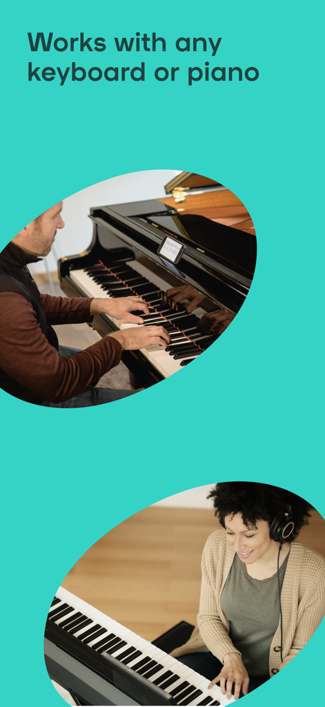 Playground: Real Piano Lessons - A man playing a grand piano and a woman playing a digital keyboard while using the piano learning app