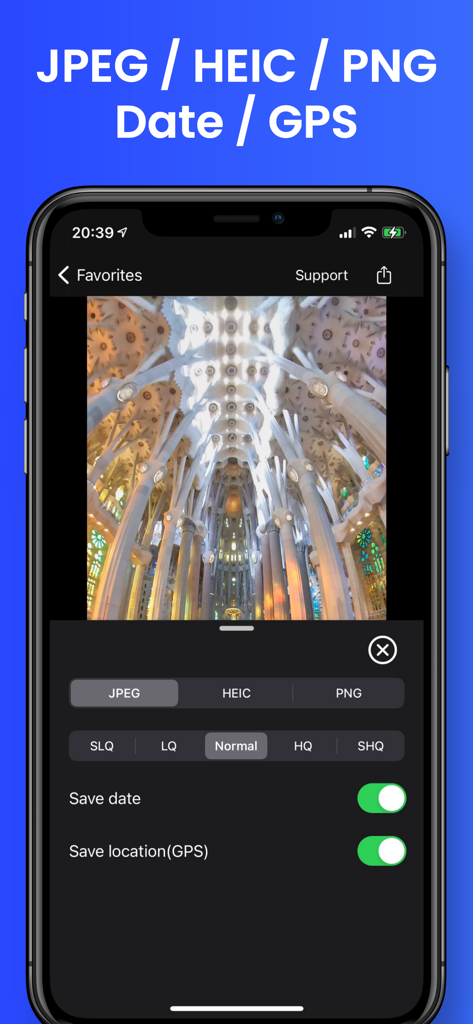 Video to Photo - Grab HD Pic - Interface showing options to export photos from video in JPEG HEIC or PNG formats with date and GPS metadata toggles