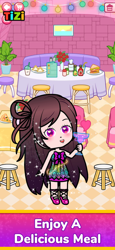 Uma personagem chibi em um vestido brilhante segurando uma bebida em um restaurante em Tizi Town