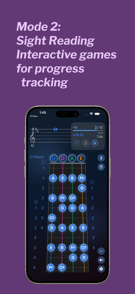 Violin Vista app interface for interactive sight reading practice featuring a virtual fingerboard and progress tracking.
