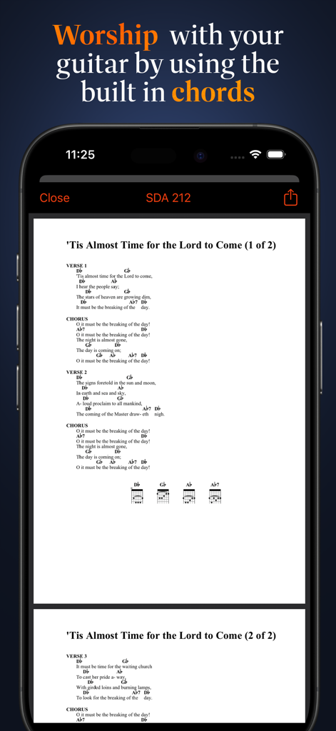 Advent Hymnal - Advent Hymnal app screen showing lyrics and guitar chord diagrams for worship