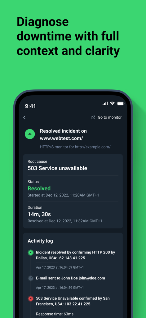 Interface de l'application mobile UptimeRobot montrant un rapport d'incident de site Web résolu avec analyse des causes profondes et journal d'activité.