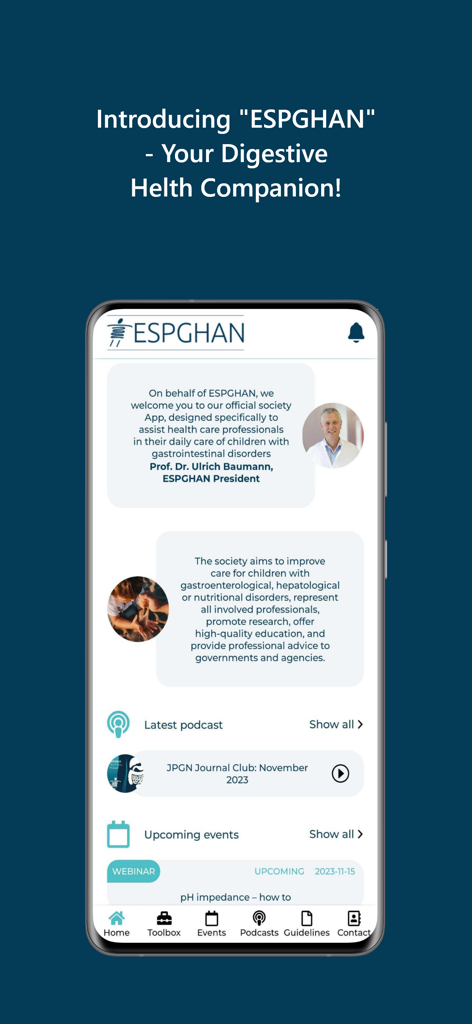 The home screen of the ESPGHAN mobile app showing medical resources, podcasts, and upcoming pediatric gastroenterology events.