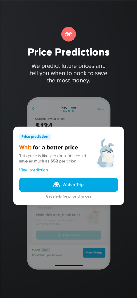 Hopper mobile app screenshot showing a price prediction notification advising the user to wait for a better price on flights.