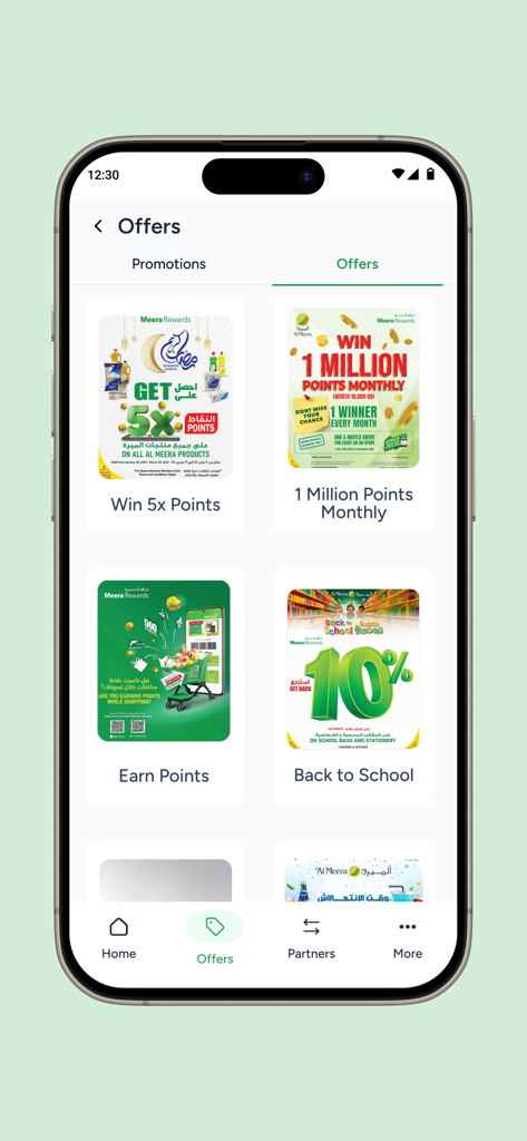 Meera Rewards - The offers screen of the Meera Rewards app displaying various point earning promotions and seasonal deals