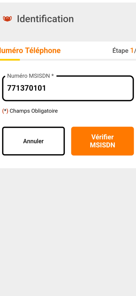 Pantalla de identificación de cliente para verificar el MSISDN en la aplicación Kaabu Orange Senegal.