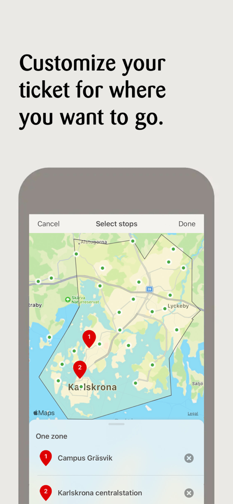 Blekingetrafiken app map interface showing travel zone and stop selection in Karlskrona
