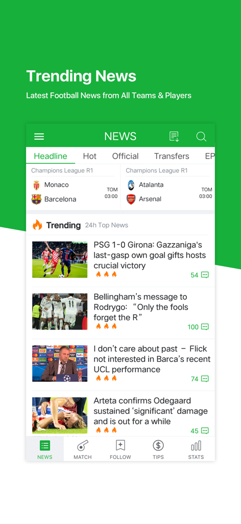 Noticias de fútbol en tendencia y resultados de partidos en la interfaz de la aplicación All Football