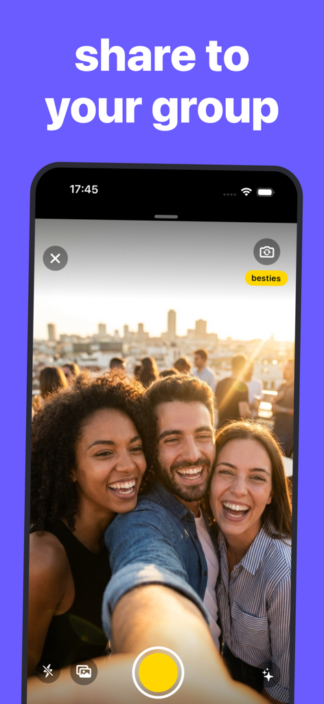 A smartphone screen showing the tjub app camera interface with three friends taking a selfie to share in a private group called besties