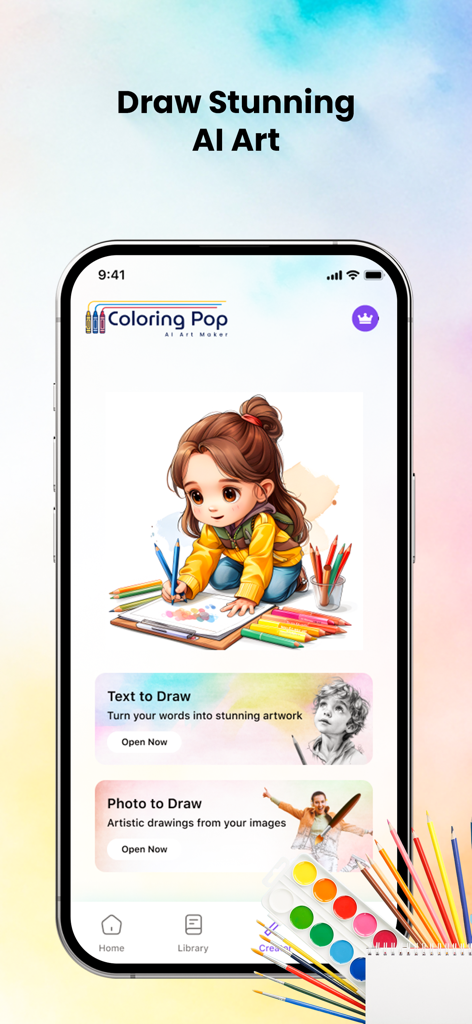 Coloring Pop - AI Art Maker - Menu principale dell'app Coloring Pop AI Art Maker con opzioni Text to Draw e Photo to Draw