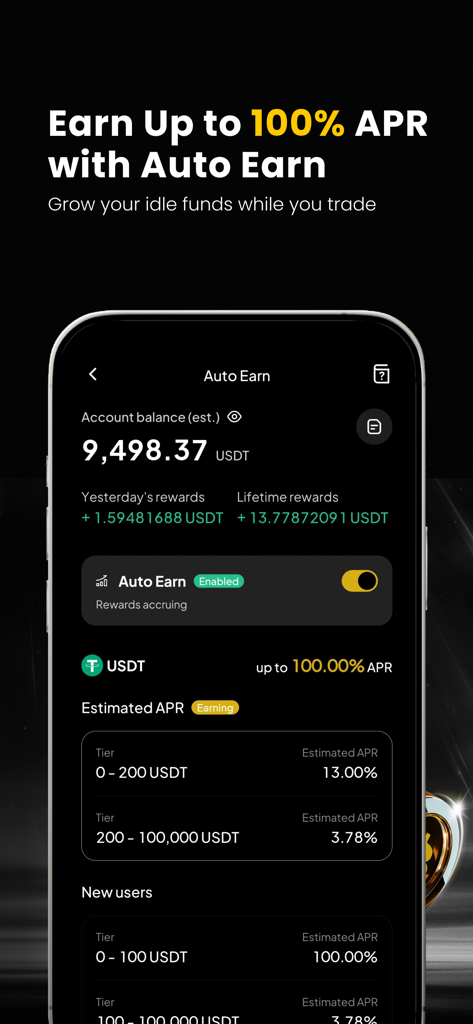 WEEX mobile app interface showing the Auto Earn feature with passive rewards and APR tiers for USDT.
