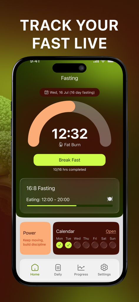 FastCycle App-Bildschirm, der einen Live-Intervall-Fasten-Timer und den Fortschritt der Fettverbrennung anzeigt