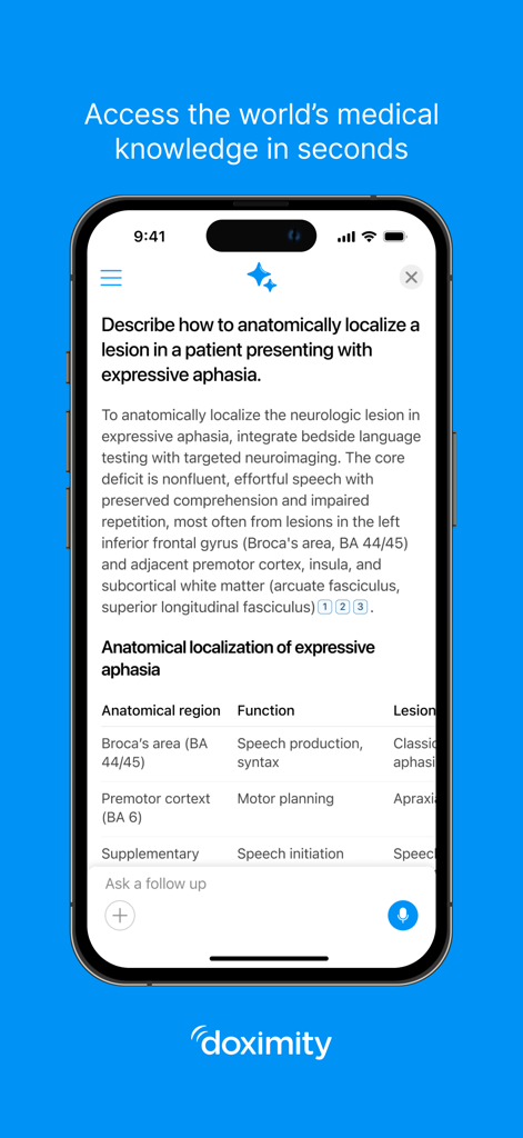 Doximity - Doximity App-Oberfläche, die KI-gestütztes medizinisches Wissen und eine Datentabelle anzeigt.