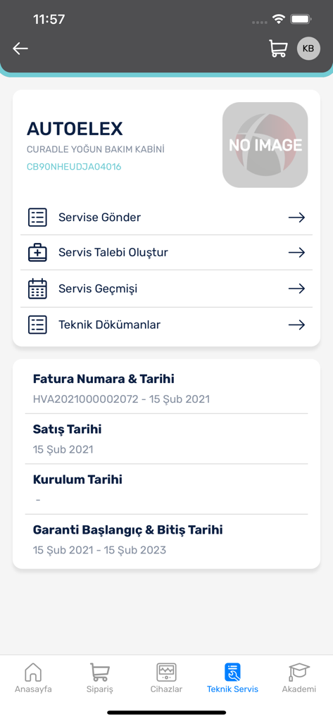 Hasvet - Interface de serviço técnico do aplicativo Hasvet exibindo histórico de dispositivos médicos veterinários e opções de manutenção.
