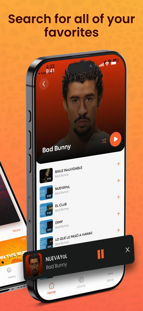 Smartphone screen showing the Sound Player app with a search result for an artist and a list of songs