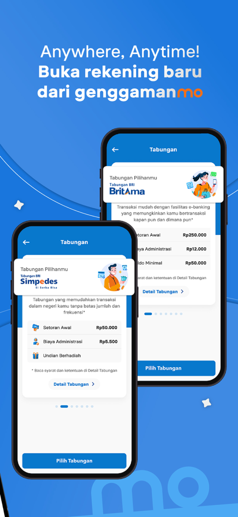 Mobile phone screens showing digital savings account options for BritAma and Simpedes within the BRImo app