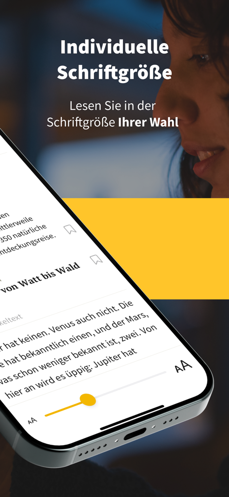 StZ News - Stuttgarter Zeitung - Smartphone-Bildschirm zeigt die einstellbare Schriftgrößenfunktion in der StZ News App mit einem Schieberegler zur Anpassung.