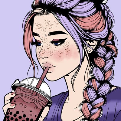 realistic girl drinking boba tea with braided hair