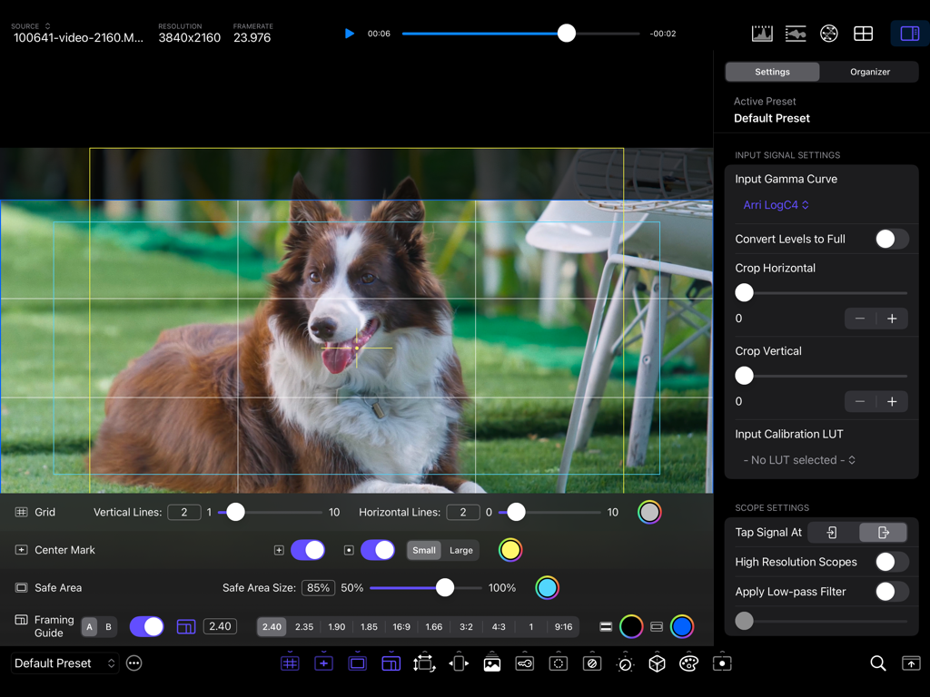 CineMon - CineMon app interface displaying professional video monitoring tools and framing guides