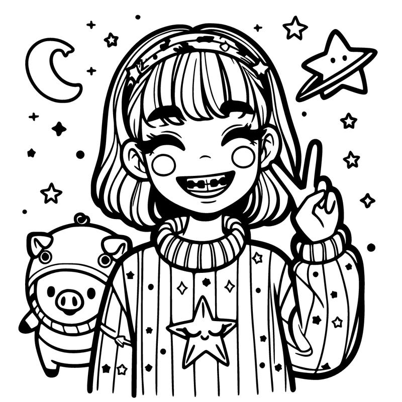 girl with braces and a sweater with a shooting star and a head band with a pig next to her