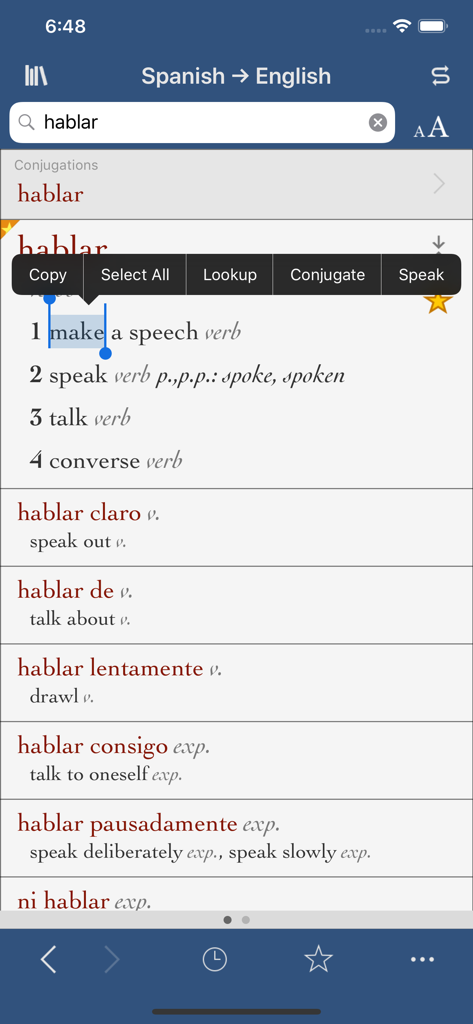 Aplicación de diccionario Ultralingua Español-Inglés que muestra traducciones y modismos para el verbo español hablar.