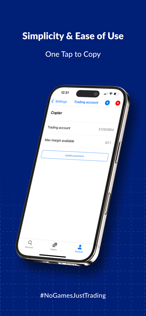 Schermata dell'app mobile ZXCM Social Trader che mostra le impostazioni dell'account di trading e le funzionalità di semplicità