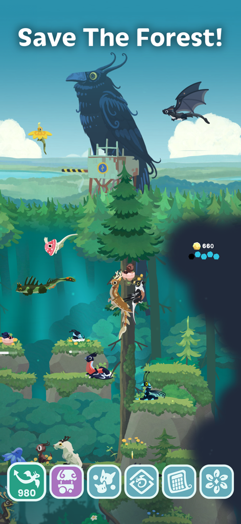 Gameplay of Hatch Dragons showing magical creatures in an enchanted forest with the text Save The Forest.