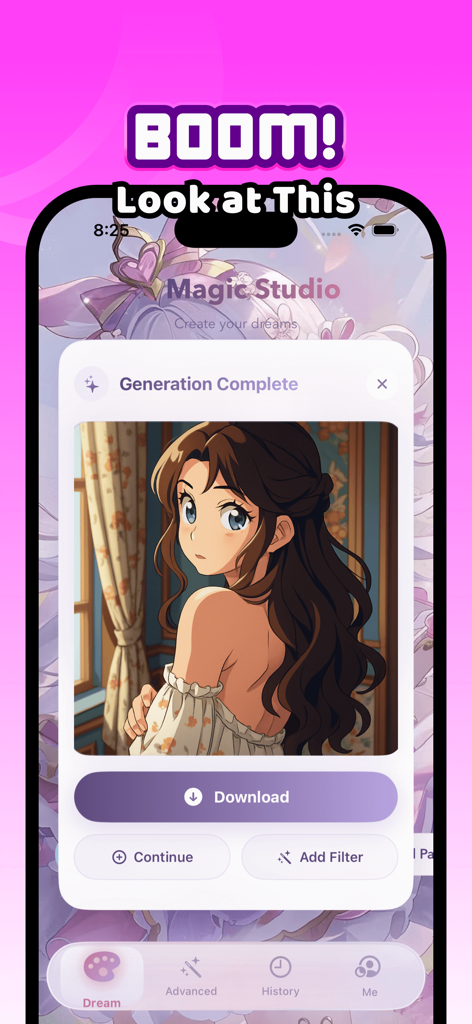 Interfaz de la aplicación Cade Art Vibe mostrando un retrato de chica anime completado generado por IA en Magic Studio con un botón de descarga.