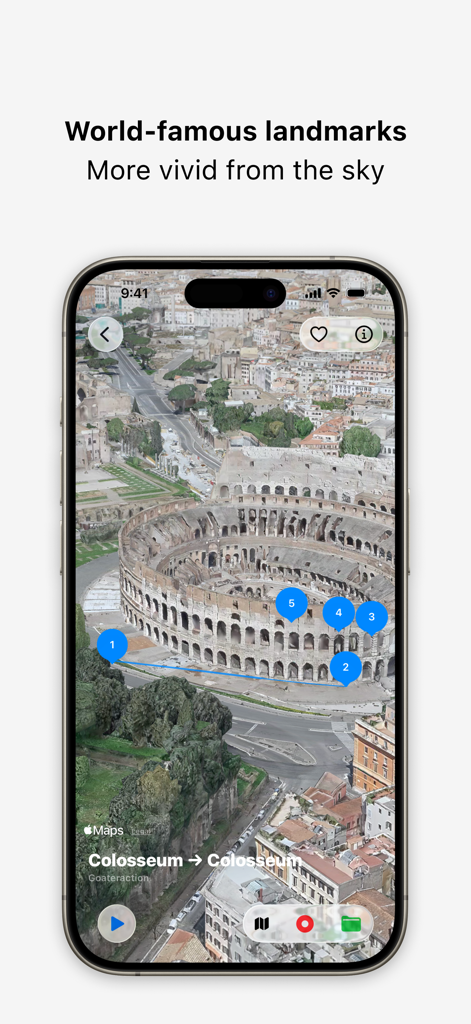 Skymera - 3D Map Studio - A 3D satellite view and flight route over the Colosseum in Rome within the Skymera app