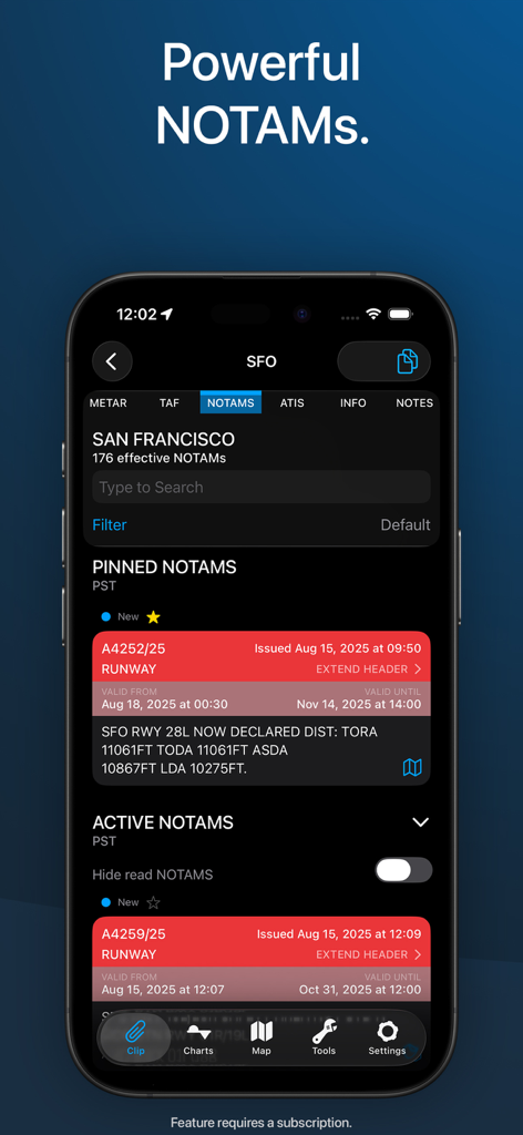 Aviation NOTAM management screen showing color-coded and decoded alerts for SFO airport.