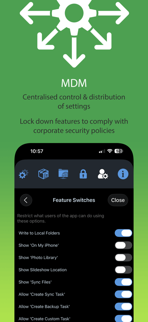 FileBrowser Professional MDM integration screen showing centralized feature switches and corporate security settings